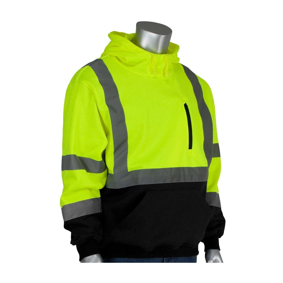 PIP 323-1350B ANSI Type R Class 3 Hi-Vis Lime Hooded Pullover Sweatshirt With Black Bottom 1 PIP 323-1350B ANSI Type R Class 3 Hi-Vis Lime Hooded Pullover Sweatshirt With Black Bottom