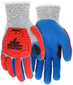 MCR UT1951 Ultratech A4 CutPro Hivis Red Mechanics Impact Glove With Blue Latex Palm