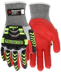 MCR UT2953 Ultratech A4 Cut Hivis Lime Mechanics Touchscreen Impact Glove With Red Nitrile Foam