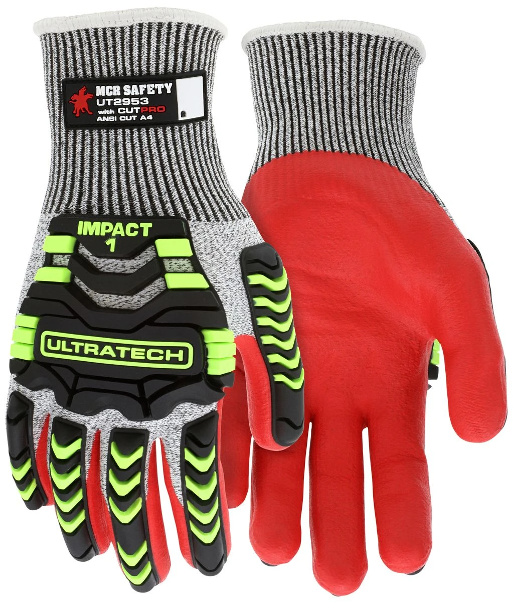 MCR UT2953 Ultratech A4 Cut Hivis Lime Mechanics Touchscreen Impact Glove With Red Nitrile Foam 1 MCR UT2953 Ultratech A4 Cut Hivis Lime Mechanics Touchscreen Impact Glove With Red Nitrile Foam