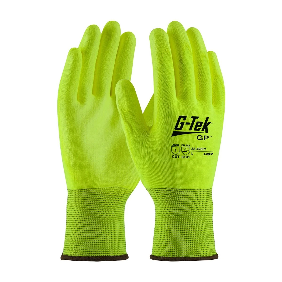 PIP 33-425LY G-Tek GP Hivis Lime Polyester Glove With PU Palm 1 PIP 33-425LY G-Tek GP Hivis Lime Polyester Glove With PU Palm