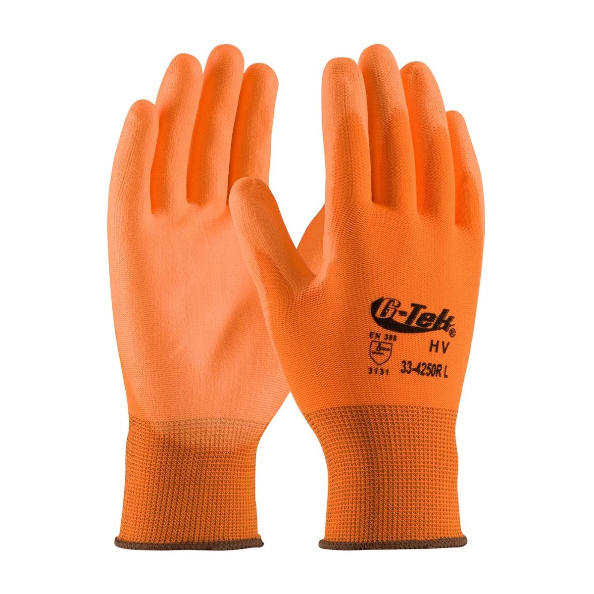 PIP 33-425OR G-Tek GP Hivis Orange Polyester Glove With PU Palm 1 PIP 33-425OR G-Tek GP Hivis Orange Polyester Glove With PU Palm